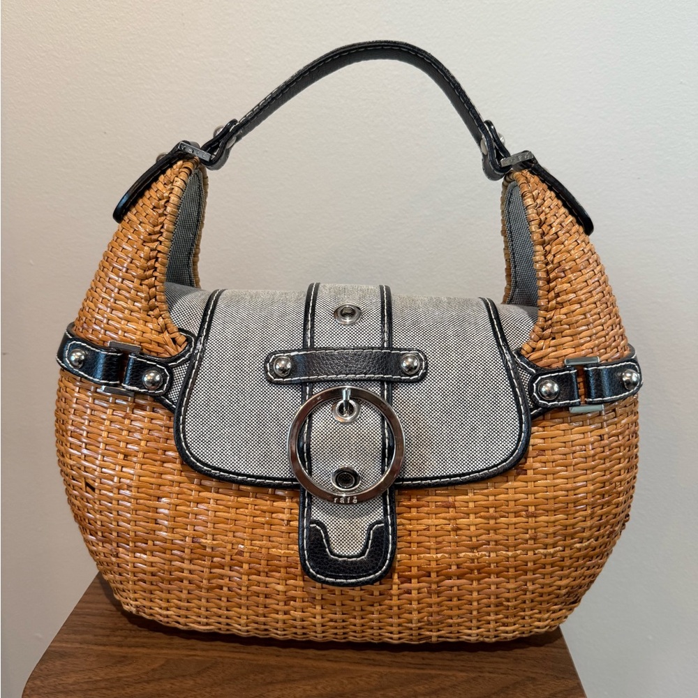 Rafe Woven Rattan Wicker Purse Brown Canvas black leather trim